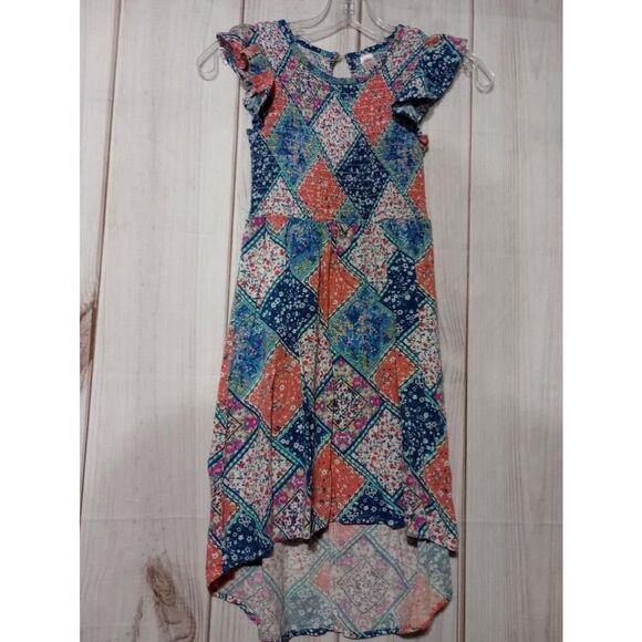 Justice Dress Girls 8 Blue Orange Floral Patch Work - Picture 1 of 7